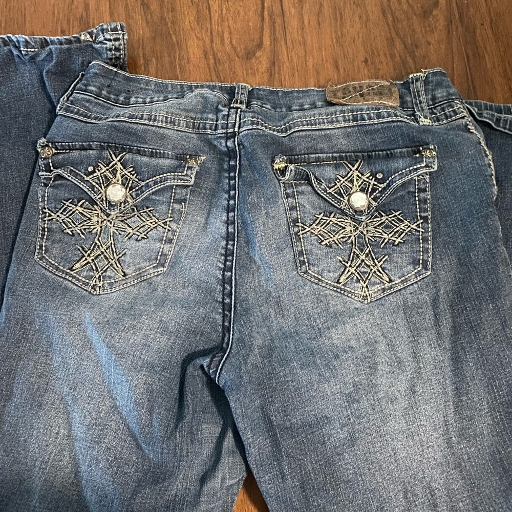 y2k rhinestone light wash bootcut jeans
